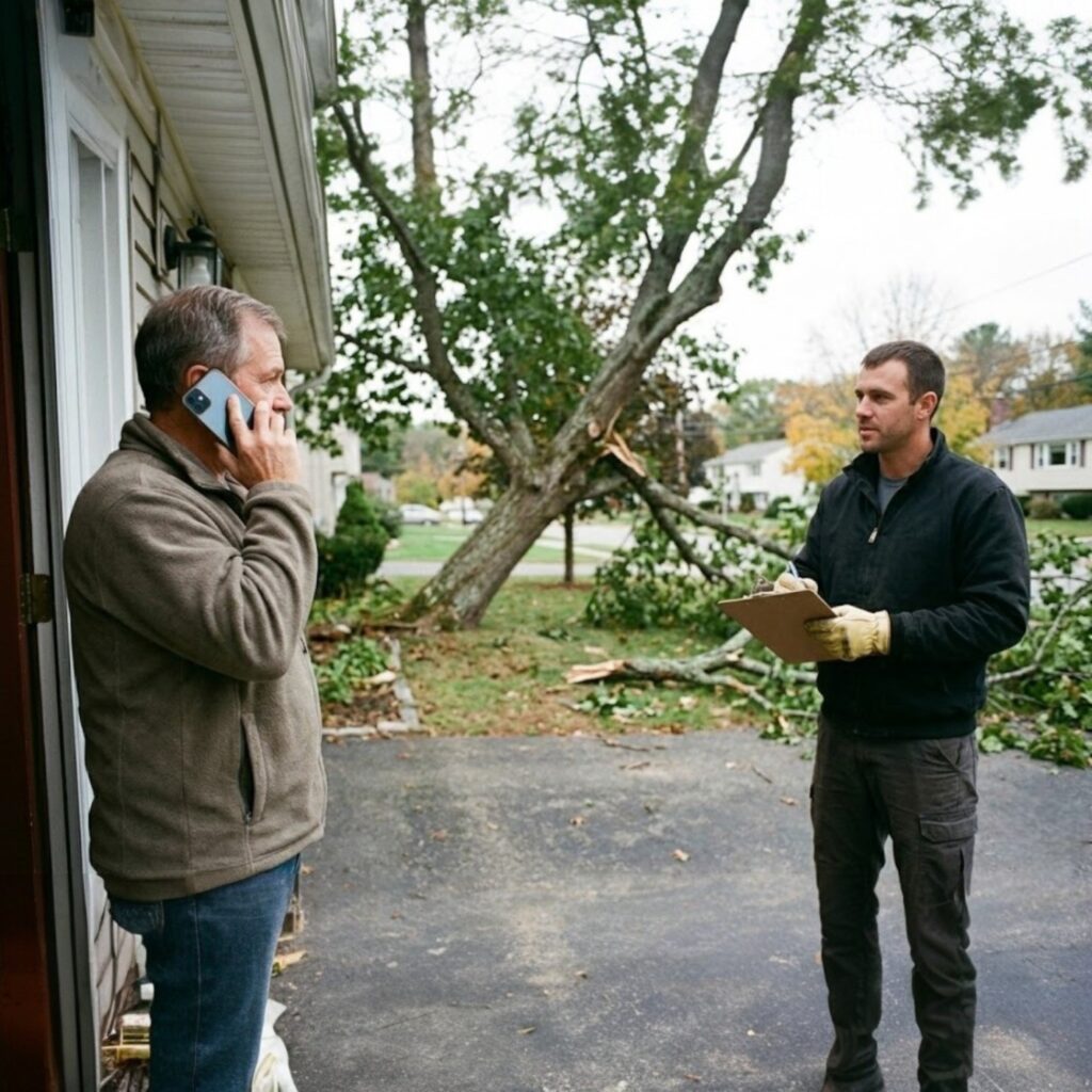 Home A homeowner in Central MA uses a smartphone to call for tree removal while an advocate stands ready with a consultation clipboard; visualizing a fast, start-to-finish process for storm damage and leaning trees.