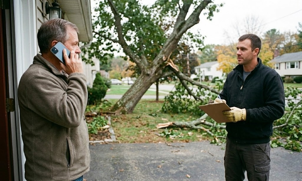 Home A homeowner in Central MA uses a smartphone to call for tree removal while an advocate stands ready with a consultation clipboard; visualizing a fast, start-to-finish process for storm damage and leaning trees.